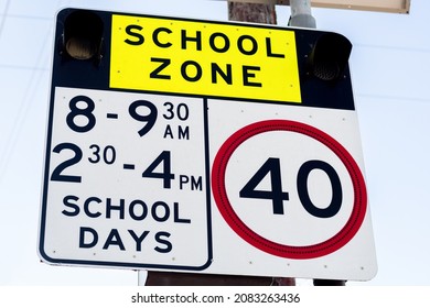 School Zone Road Sign With Speed Limit 40 During Before And After School Hours In NSW, Australia. Road Safety Concept