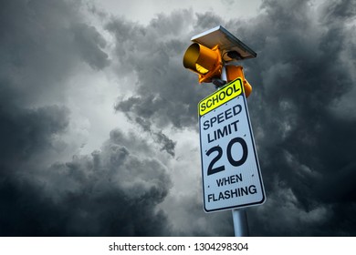 School Zone. Speed Limit 20 Miles When Flashing Sign. 