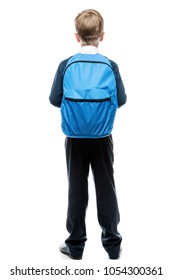 Schoolboy With Backpack View From Behind On White Background Isolated