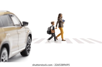 Schoolboy with a backpack walking over pedestrian crossing and holding hands with his mother isolated on white background - Powered by Shutterstock
