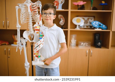 A schoolboy boy holds a model of human DNA in his hands. Biology lesson - Powered by Shutterstock