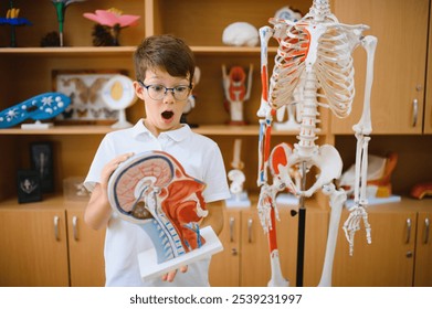 A schoolboy boy holds a model of human DNA in his hands. Biology lesson - Powered by Shutterstock