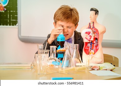 Schoolboy looking in the microscope during the lesson of chemistry or biology in school. Educational concept. 