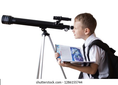 Schoolboy Looking Through A Telescope On A White Background