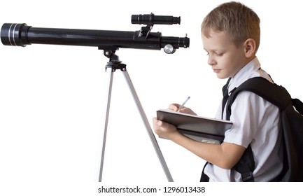 Schoolboy Looking Through A Telescope On A White Background