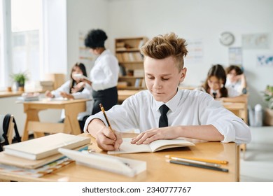Schoolboy making notes during lesson
