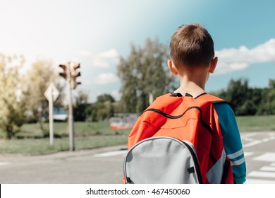 Schoolboy standing and waiting at zebra crossing