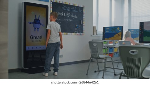 Schoolboy Uses Interactive Digital Screen, Talks Classmate. Boys Study STEM Classroom. Concept Of Integrating Educational Technologies, Social-emotional Learning Into Modern Education. Dolly Shot.