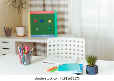 Schoolboy Workplace At Home Table, Chair And Books