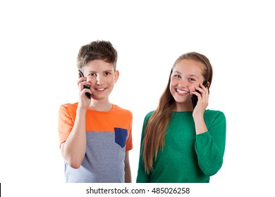 Schoolchild Are Talking On Cell Phones, Isolated On White Background