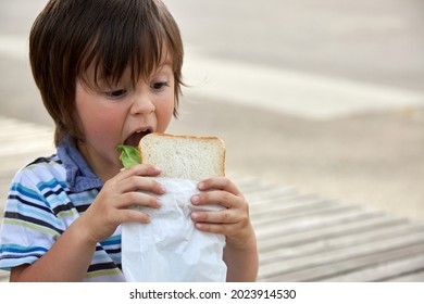 Schoolchildren, preschooler, boy eating his lunch, snack, breakfast in the school yard. Food for children in educational institutions, kindergartens. Healthy eating - Powered by Shutterstock