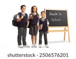 Schoolchildren in school uniforms back to school isolated on white background