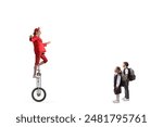 Schoolchildren watching an acrobat riding a giraffe unicycle isolated on white background