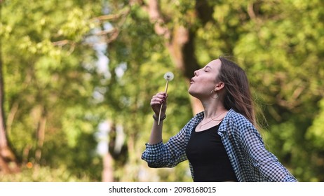 Schoolgirl blows a dandelion on a summer day.