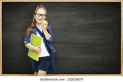 Schoolgirl with book apple and blackboard, school girl child on black board background, elementary education concept - Powered by Shutterstock