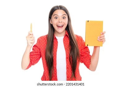 Schoolgirl With Copy Book Posing On Isolated Background. Literature Lesson, Grammar School. Intellectual Child Reader. Portrait Of Emotional Amazed Excited Teen Girl.