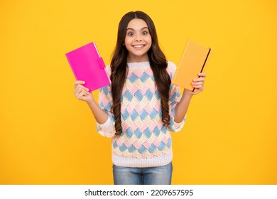 Schoolgirl With Copy Book Posing On Isolated Background. Literature Lesson, Grammar School. Intellectual Child Reader.