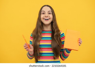 Schoolgirl With Copy Book Posing On Isolated Background. Literature Lesson, Grammar School. Intellectual Child Reader.