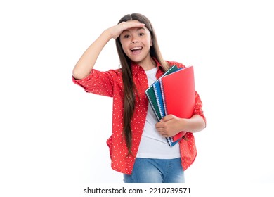 Schoolgirl With Copy Book Posing On Isolated Background. Literature Lesson, Grammar School. Intellectual Child Reader. Portrait Of Happy Smiling Teenage Child Girl.