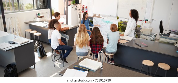 Schoolgirl presenting in front of science class, high angle