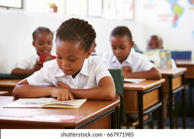 Schoolgirl reading at her desk in elementary school lesson