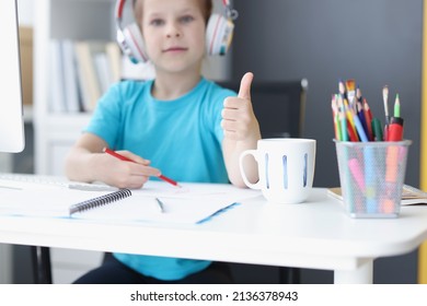 Schoolgirl Studying Online At Home, Wear Headset, Show Thumbs Up, Drawing
