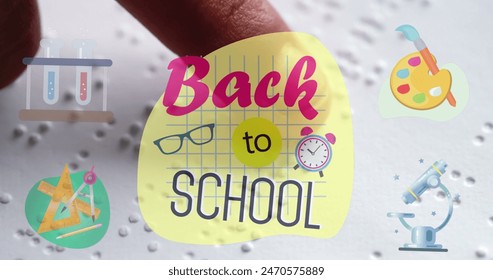 School-themed sticker reading Back to School features various icons. Icons include test tube, palette, scissors, clock, and microscope, symbolizing different subjects - Powered by Shutterstock