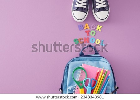 Schooltime essentials concept. Top view shot of inscription back to school, schoolbag, shoes, notebook, magnifier, scissors, colorful pencils on pastel purple background with space for advert or text