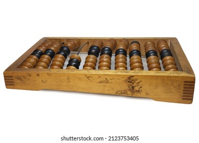 Schoty Abacus, Showing Face Of Slanted Wooden Frame. Single Counting Frame. Ten Metal Curved Rods With Wooden Colored Beads. Isolated On White Background With Clipping Path