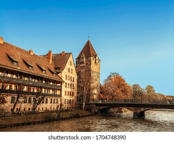 Schuldturm Tower (Debtor Prison), Built In 1323 And The Heubruecke Bridge, Nuremberg, Bavaria, Germany. 