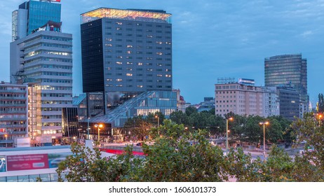 The Schwedenplatz aerial day to night transition timelapse. Sweden Square is a square in central Vienna, located at the Danube Canal and one of the most important public transport junction. Old and - Powered by Shutterstock