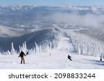 Schweitzer Mountain trail in Idaho. Very beautiful with "snow ghosts" lining the sides of the trails. First person view of a skier going down the trail.