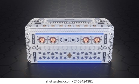 Sci Fi High Tech Сrate with blue and orange illumination. Front view.