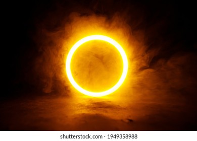 Sci Fi modern. Futuristic smoke. Neon color geometric circle on a dark background. Round mystical portal. - Shutterstock ID 1949358988