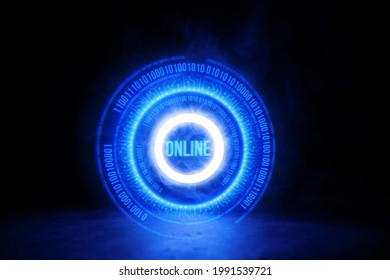 Sci Fi modern. Futuristic smoke. Neon color geometric circle with  inscription online on dark background. Round virtual screen. Holographic interface to display data.