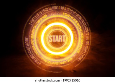 Sci Fi modern. Futuristic smoke. Neon color geometric circle with  inscription start on dark background. Round virtual screen. Holographic interface to display data.