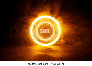 Sci Fi modern. Futuristic smoke. Neon color geometric circle with  inscription start on dark background. Round virtual screen. Holographic interface to display data.