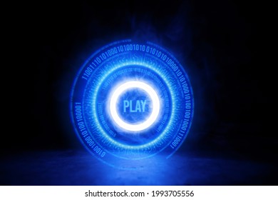 Sci Fi modern. Futuristic smoke. Neon color geometric circle with  inscription play on dark background. Round virtual screen. Holographic interface to display data.