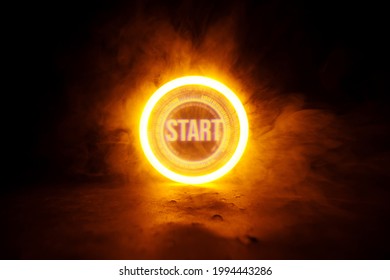 Sci Fi modern. Futuristic smoke. Neon color geometric circle with  inscription start on dark background. Round virtual screen. Holographic interface to display data.