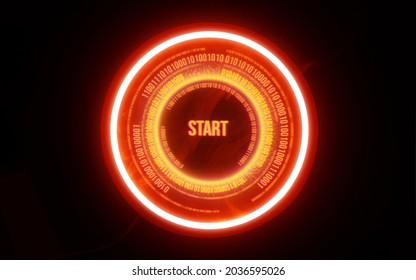 Sci Fi modern. Futuristic smoke. Neon color geometric circle with  inscription start on dark background. Round virtual screen. Holographic interface to display data.
