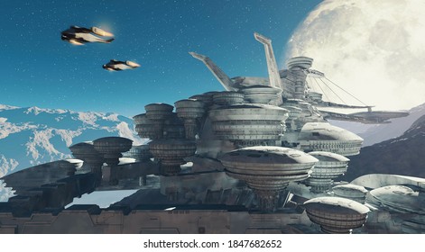 Sci Fi Scene Of Two Planes Flying Above A Futuristic City . Space Station During The Night On A Planet . This Is A 3d Render Illustration . 