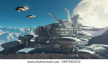 Sci fi scene of two planes flying above a futuristic city . Space station during the night on a planet . This is a 3d render illustration . 