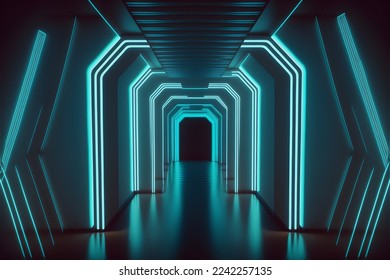 Sci Fy neon glowing lamps in a dark tunnel. Reflec 