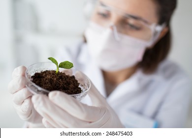 science, biology, ecology, research and people concept - close up of young female scientist wearing protective mask holding petri dish with plant and soil sample in bio laboratory - Powered by Shutterstock