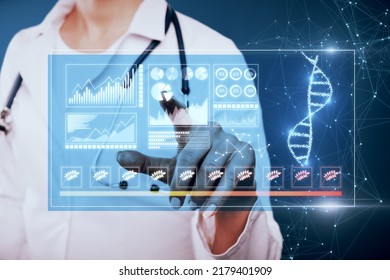 Science Biology Gene Modifying Concept. Close Up Of Doctor Pointing At Holographic Projection. Futuristic Medicine Research Gene Therapy Health Analysis Laboratory Chemistry Illustration. 