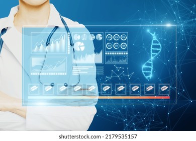 Science Biology Gene Modifying Concept. Close Up Of Doctor With Holographic Projection. Futuristic Medicine Research Gene Therapy Health Analysis Laboratory Chemistry Illustration. 