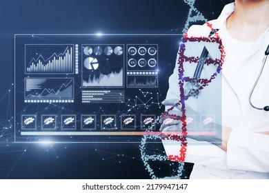 Science Biology Gene Modifying Concept. Close Up Of Female Doctor With Holographic Projection. Futuristic Medicine Research Gene Therapy Health Analysis Laboratory Chemistry Illustration.