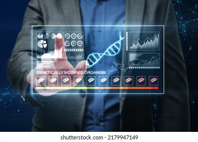Science biology gene modifying concept. Close up of businessman hand pointing at holographic projection. Futuristic medicine research gene therapy health analysis laboratory chemistry illustration. 