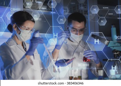 Science, Chemistry, Biology, Medicine And People Concept - Close Up Of Young Scientists With Pipette And Flasks Making Test Or Research In Clinical Laboratory Over Hydrogen Chemical Formula