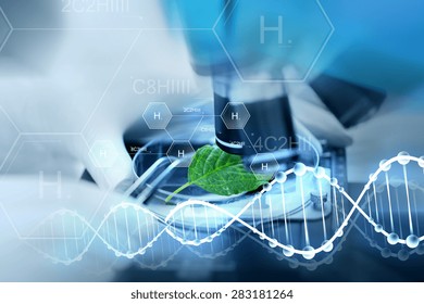 science, chemistry, biology and people concept - close up of scientist hand with microscope and green leaf making research in laboratory over hydrogen chemical formula and dna molecule structure